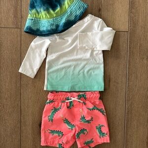 Cat & Jack Pink Alligator Swim Shorts + Swim Shirt & Hat